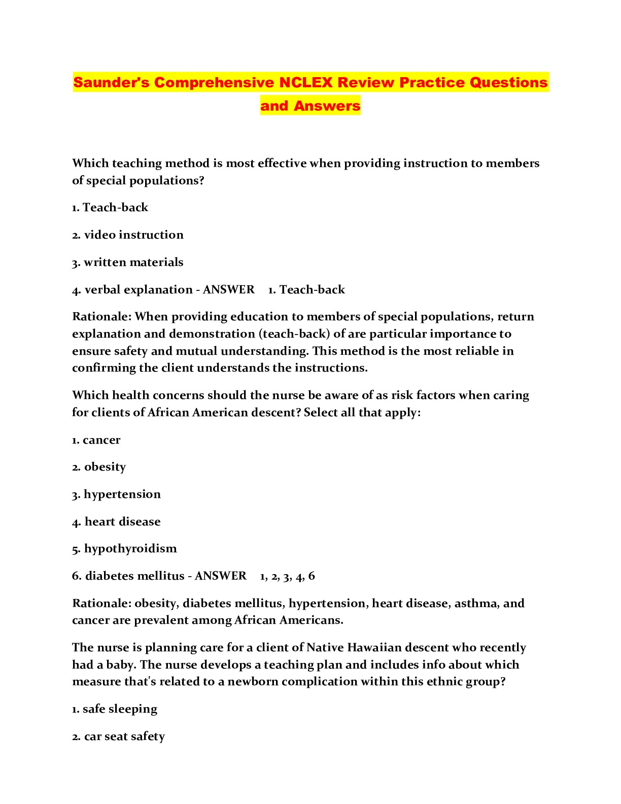 Saunder's Comprehensive NCLEX Review Practice Questions and Answers